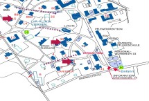 Ausschnitts des Lageplans, der Gebäude der Abteilung Abhängigkeitserkrankungen, Ambulanz Haus 1, Stationen Haus 30, med. ReHa Haus 15 zeigt.